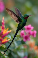 Fototapeta premium Doctor Bird in Flight: Vibrant Jamaican hummingbird feeding on nectar amid tropical flowers