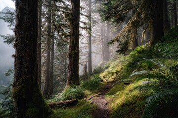 Fototapeta premium Tranquil forest hike with lush green undergrowth and soft fog in Olympic National Forest