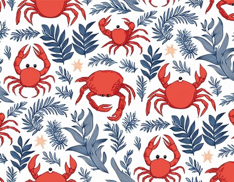 cute marine seamless pattern with red crab shrimp dark blue rosemary branch on white background playful coastal seafood repeat print for kitchen textile wrapping paper and summer decor