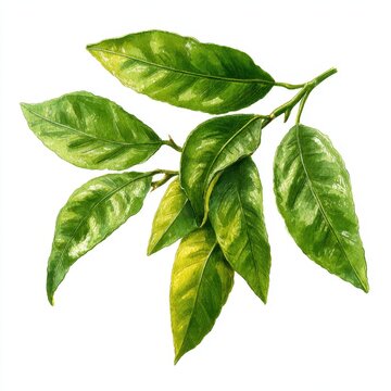 Close-up botanical drawing of petitgrain leaves with detailed venation