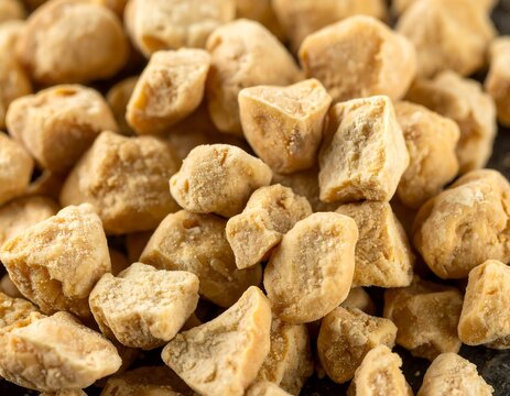 Close-up of numerous irregular, light-brown, cube-shaped treats scattered randomly, with a matte, textured surface