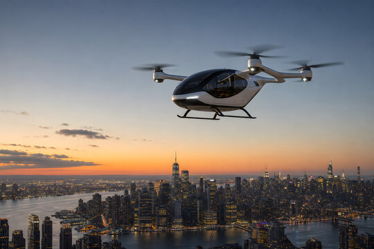 Electric air taxi hovering above city skyline at dusk