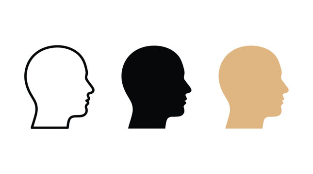 Three minimalist vector graphic head silhouettes featuring outline solid black and textured beige color variations