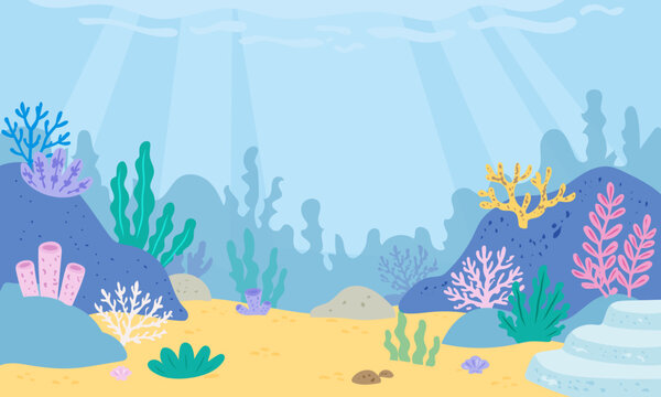 Seabed cartoon landscape with colorful seaweeds and corals, sandy ocean floor. Underwater scene of reef gentle aqua.
