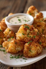 Fototapeta premium Crispy breaded cauliflower florets on a white plate with creamy dipping sauce in the background