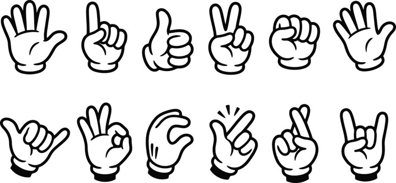 Hand gestures collection featuring cartoon style gloved hands showing various signals signs and communication symbols on white background isolated