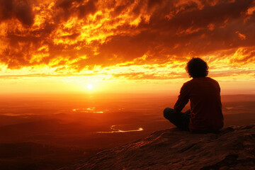 Obraz premium Serene Sunset View with Silhouette of Man Sitting on Mountain Edge