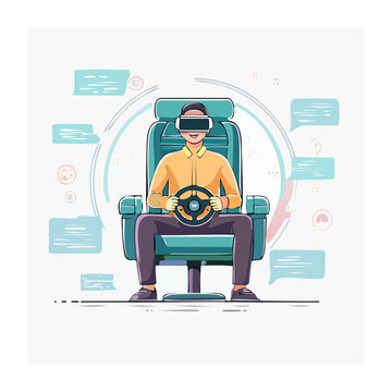 Person wearing VR headset driving a car in virtual reality