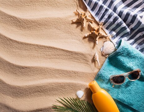 top view of sandy beach with towel frame and summer accessories background with copy space and visible sand texture right border made of towel