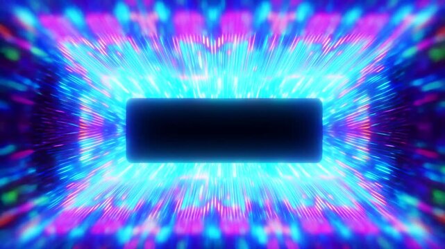 Zooming tracking shot of black rounded rectangle with radiating neon light streaks inside virtual tunnel background