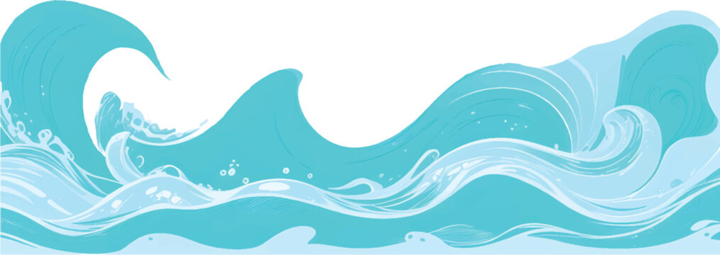 A single crashing ocean wave with white sea foam and swirling blue water currents isolated on a white background in a painterly digital style