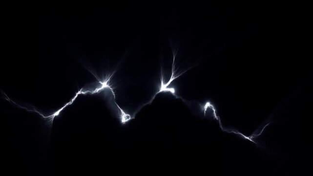 Slow motion zoom of electric arc spreading and branching across black background with glowing lightning discharge in dark studio void