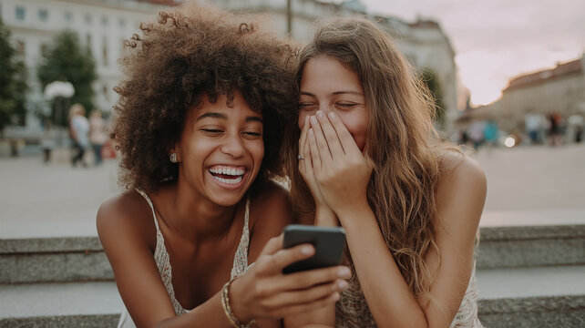 Two Young Women Looking at Smartphone and Laughing Together Outdoors, Happy Friendship Moment Featuring Social Connection, Mobile Technology, Shared Content and Positive Lifestyle