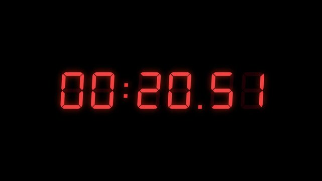 6 Digits Red Digital Countdown Timer Starting at 00:25:00 (25 seconds) on Black Background, Featuring High-Visibility LED Display. 4K Motion Graphics.
