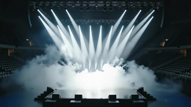 Dramatic stage lighting with smoke effects creating an atmospheric concert or event ambiance