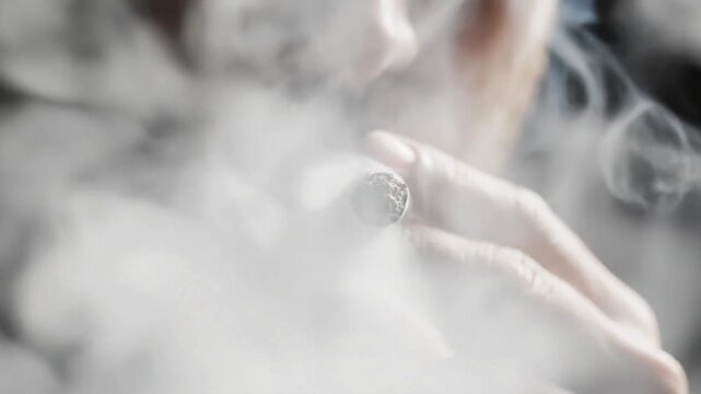Close up shot of burning marijuana joint with smoke in a dark setting during evening hours
