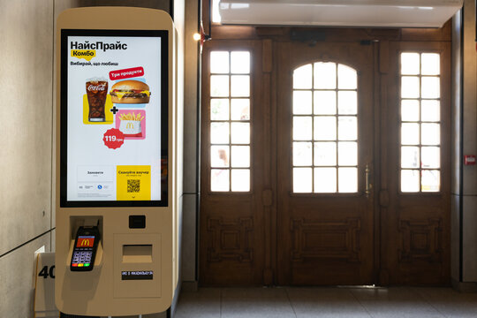McDonalds self service kiosk terminal with menu screen in Lviv Ukraine restaurant