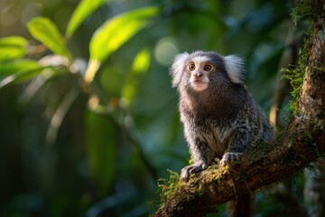 Naklejka premium Soft-lit image of a little marmoset on a branch in dense rainforest