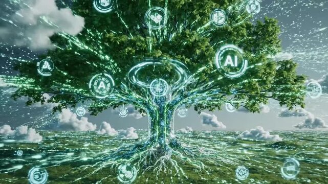 Big data cloud computing visualized through a large tree structure in a futuristic setting with digital elements