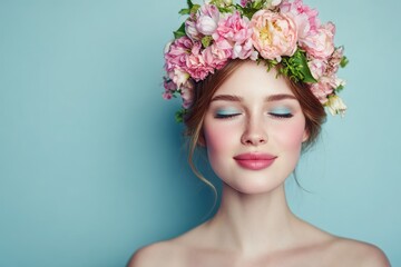 Fototapeta premium Bohemian spring portrait of a smiling woman with a flower crown against a pale blue background