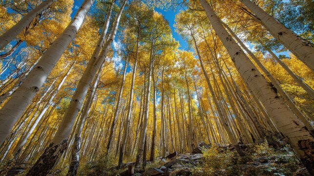 Golden hour in a tranquil grove of aspen trunks