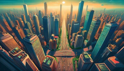 Obraz premium an aerial view of a dense cityscape filled with skyscrapers buildings and busy streets illustrating the urban jungle
