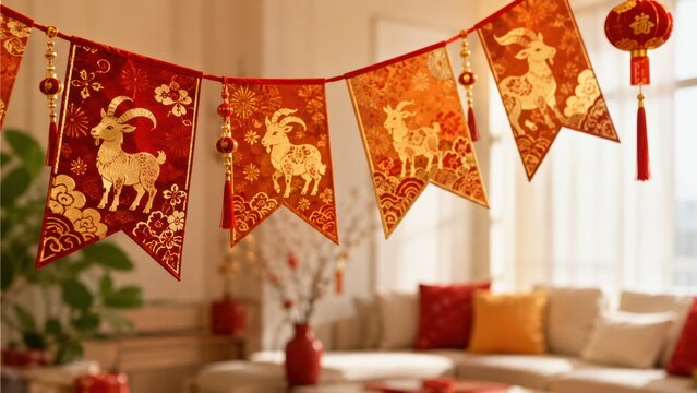 Red and gold goat garland with lanterns and tassels in cozy home interior, Lunar New Year 2027 celebration concept