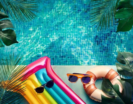 swimming pool with colorful floaties sunglasses and tropical leaves high quality professional detailed modern elegant stylish