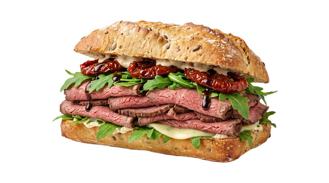 Roast Beef Sandwich, Gourmet Food, Gourmet roast beef sandwich with arugula and sun-dried tomatoes, isolated on transparent background Generative Ai
