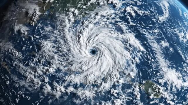 Hurricane storm seen from satellite view over the ocean showing cloud patterns and storm movement in real-time