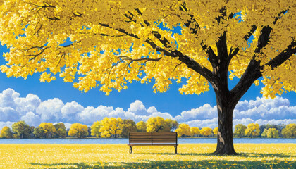 Obraz premium Vibrant Autumn Landscape with Yellow Tree and Empty Bench