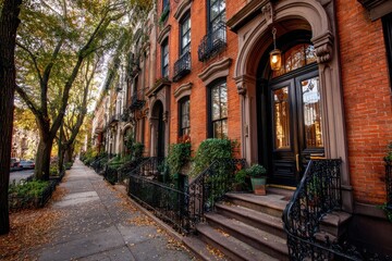 Fototapeta premium Quiet street view of a traditional brownstone home with steps and brick architectural details