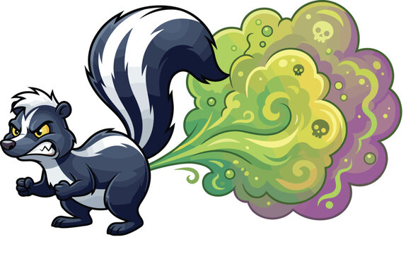 Cartoon skunk spraying green and purple stinky cloud with skulls