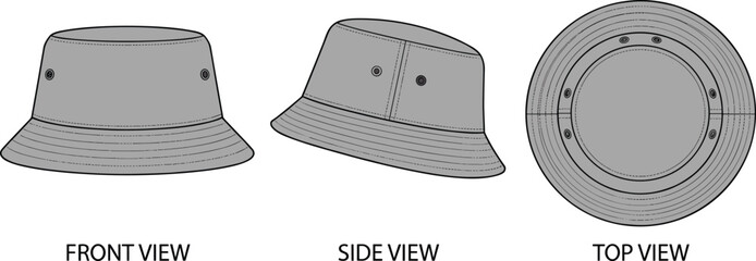 Gray bucket hat, front, side, and views, technical front view © Mst