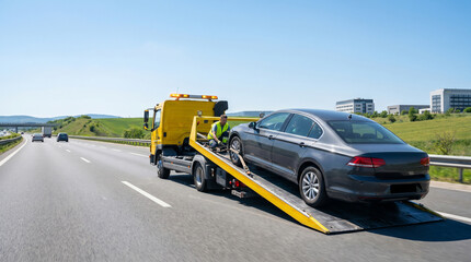 Fototapeta premium A modern yellow emergency towing service truck hauling a broken-down car on a highway. Professional roadside assistance recovery concept without any text or brand logos.