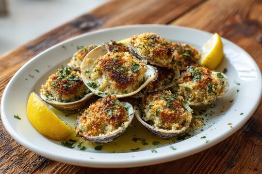 Herb-topped stuffed clams as an appetizer on a simple plate
