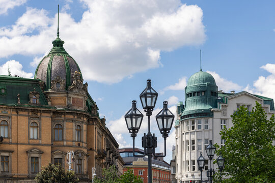 Historic buildings with beautiful domes on Freedom Avenue in Lviv Ukraine