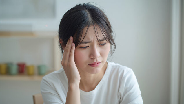 明るい自宅で頭痛に悩みこめかみを押さえる日本人女性