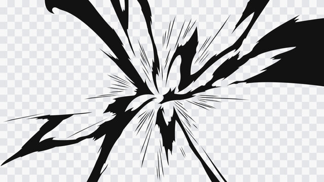 Dynamic anime impact burst with sharp energy streaks and explosive manga style motion effect. Abstract comic attack background with powerful shockwave lines isolated on transparent background.