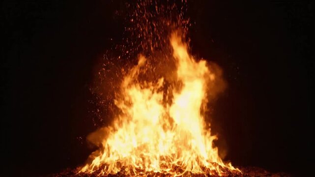 Fire flames ignite and burn with bright orange glow in dark background showing heat and movement