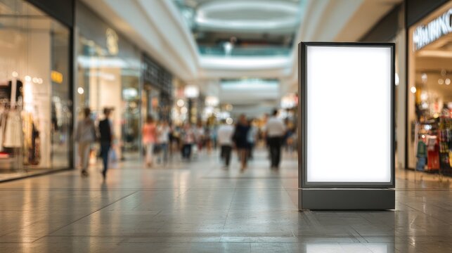 Empty advertising display on a modern mall kiosk amid a crowded retail corridor
