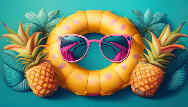 summer themed posters with colorful pineapple floaties and sunglasses high quality professional detailed modern elegant stylish