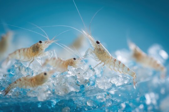 Macro photograph of brine shrimp in saline solution inside a glass dish