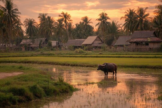 Rural Isan farmland with a lone water buffalo and reflections in the rice field