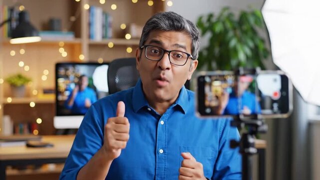 Friendly male blogger shares tips for content creation using smartphone in home office setting