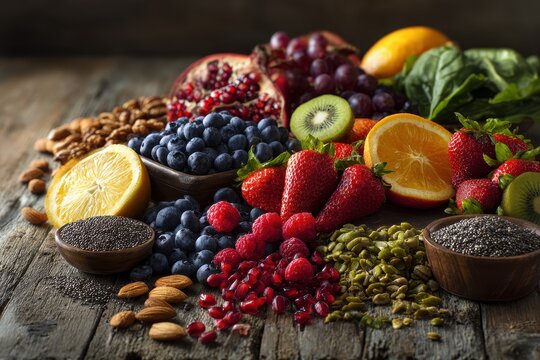 Colorful flavonoid-rich foods on rustic wood highlighting heart-healthy nutrition