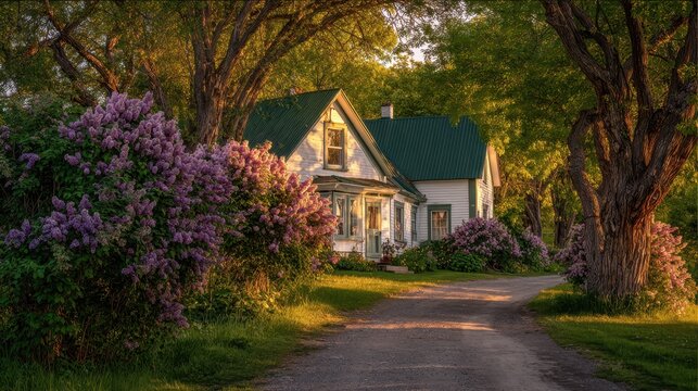 Charming cottage with a green gabled roof in a peaceful countryside setting