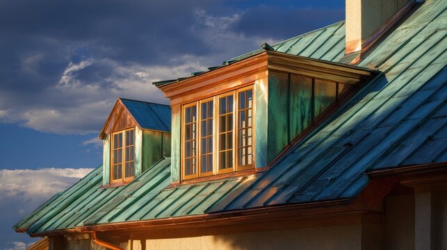 Rustic suburban home featuring copper shingles, dormer window, and warm sunlight