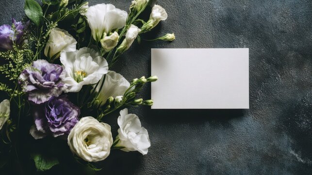 White blank condolence card with fresh flowers on a dark textured background, space for a message