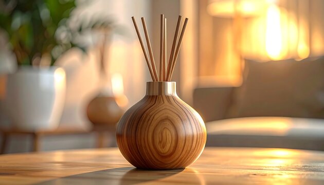 Close-up of a wooden aroma diffuser with reeds on a warm wooden table. Blurred background with a plant and natural light